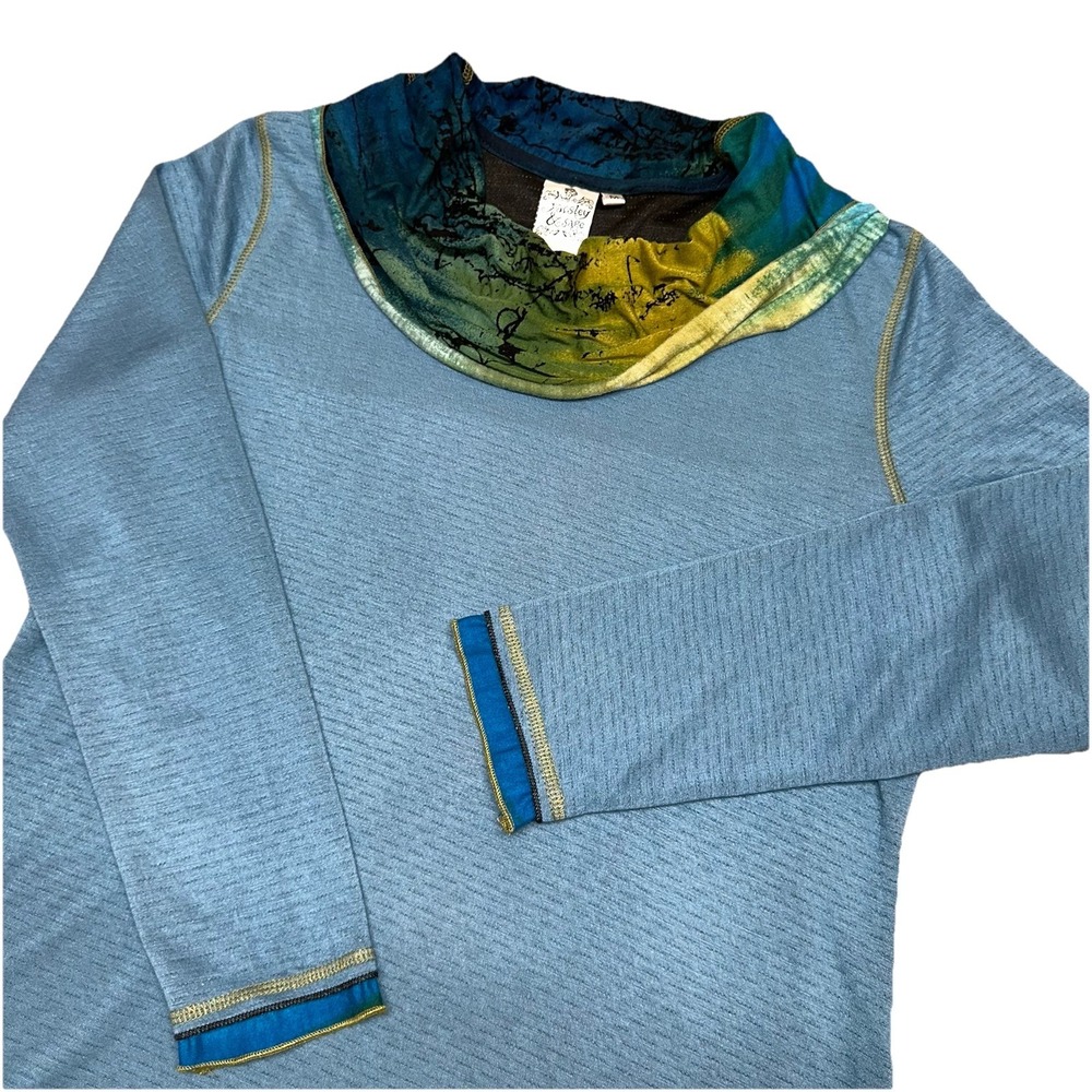 Parsley & Sage Blue Andrea Print Watercolor Cowl Neck Tunic Art Boho Women's M